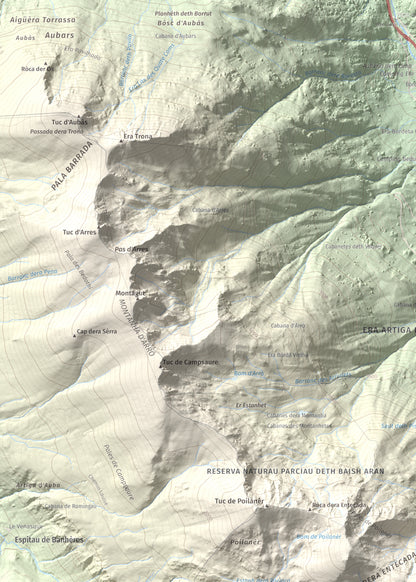 Mapa de relieve de Tuc d'Era Entecada, 2269 m, Val d'Aran, lámina 100 Cims de Trobart. Detalle de la zona superior izquierda. 50 × 70 cm.