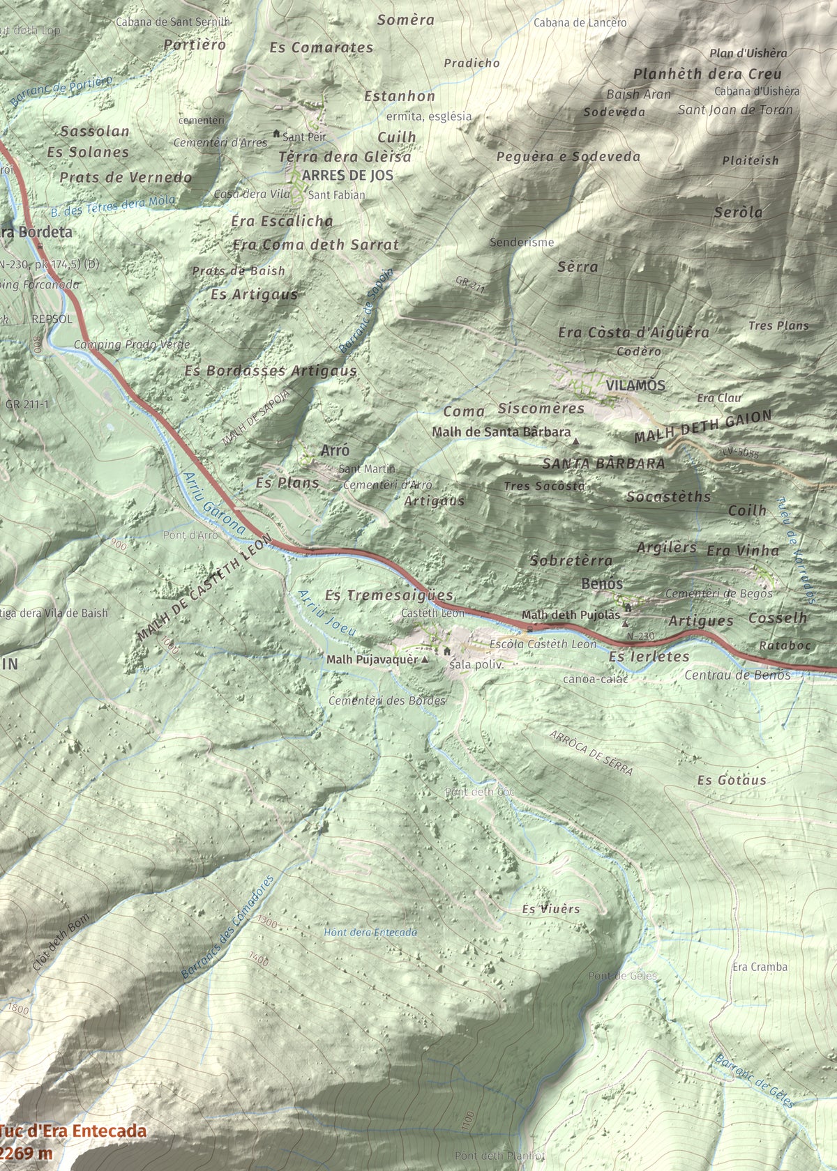 Mapa de relieve de Tuc d'Era Entecada, 2269 m, Val d'Aran, lámina 100 Cims de Trobart. Detalle de la zona superior derecha. 50 × 70 cm.
