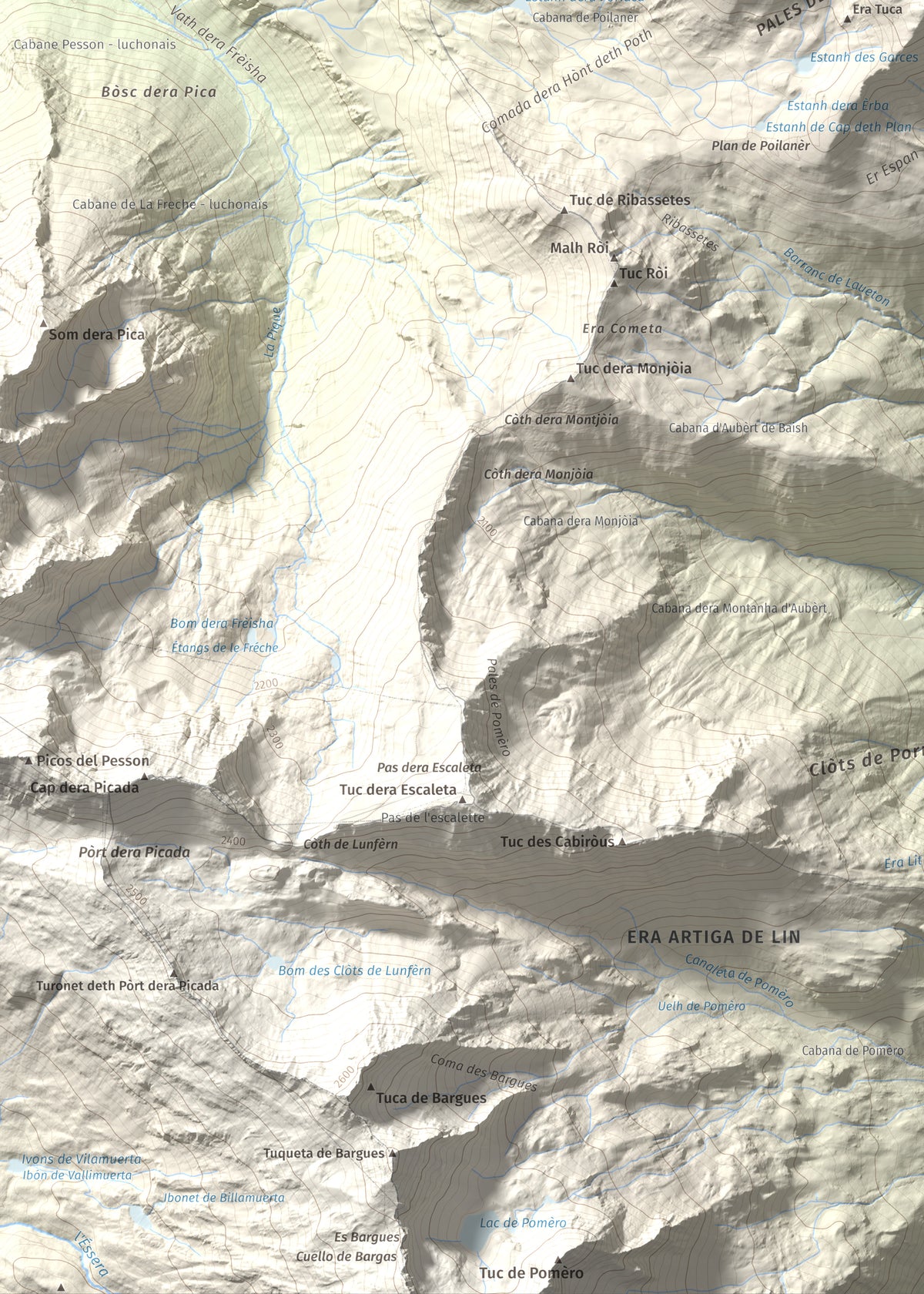 Mapa de relieve de Tuc d'Era Entecada, 2269 m, Val d'Aran, lámina 100 Cims de Trobart. Detalle de la zona inferior izquierda. 50 × 70 cm.