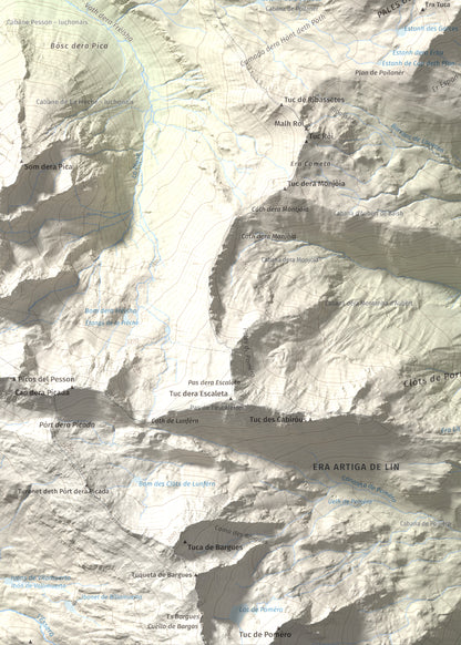 Mapa de relieve de Tuc d'Era Entecada, 2269 m, Val d'Aran, lámina 100 Cims de Trobart. Detalle de la zona inferior izquierda. 50 × 70 cm.