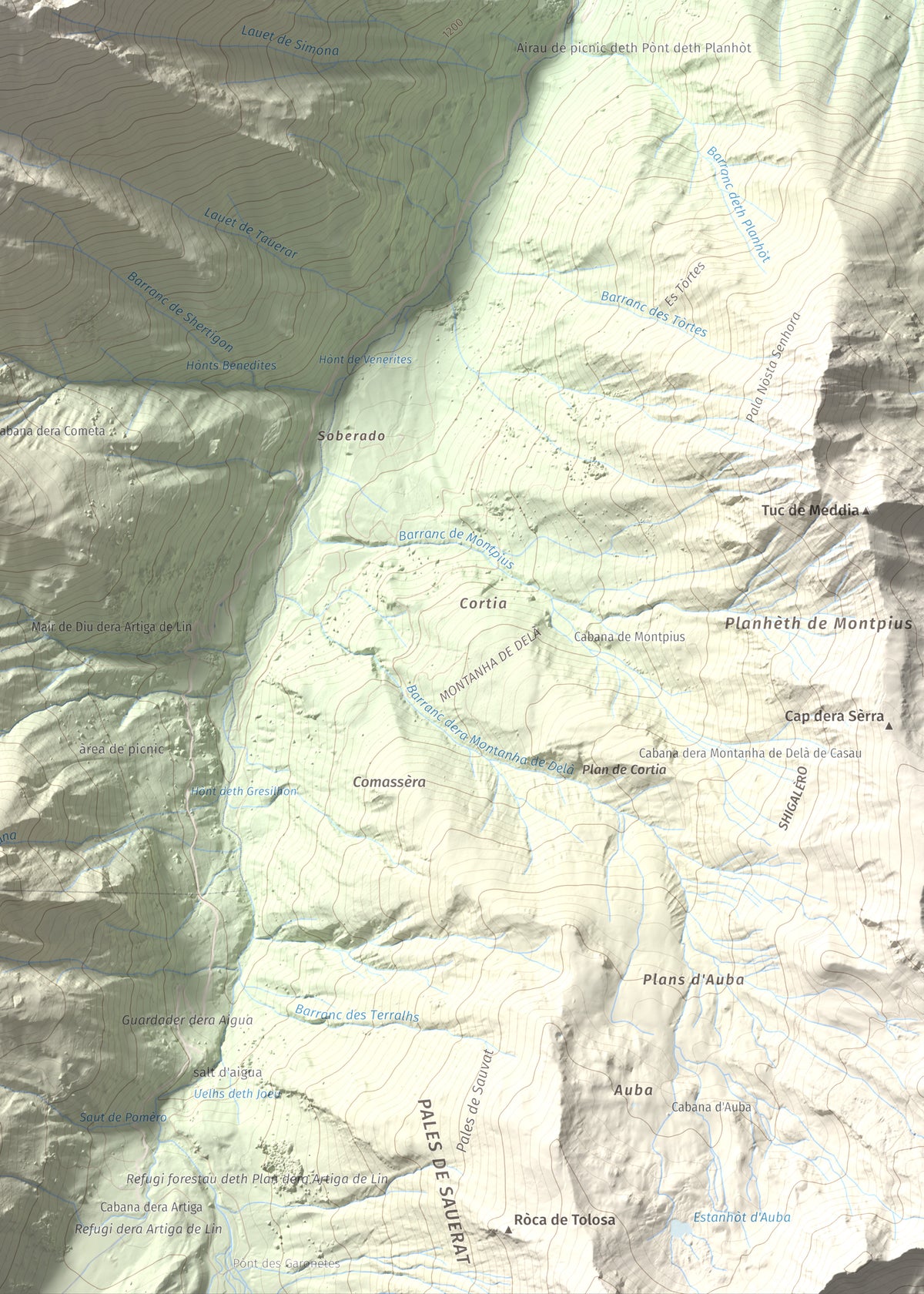 Mapa de relieve de Tuc d'Era Entecada, 2269 m, Val d'Aran, lámina 100 Cims de Trobart. Detalle de la zona inferior derecha. 50 × 70 cm.