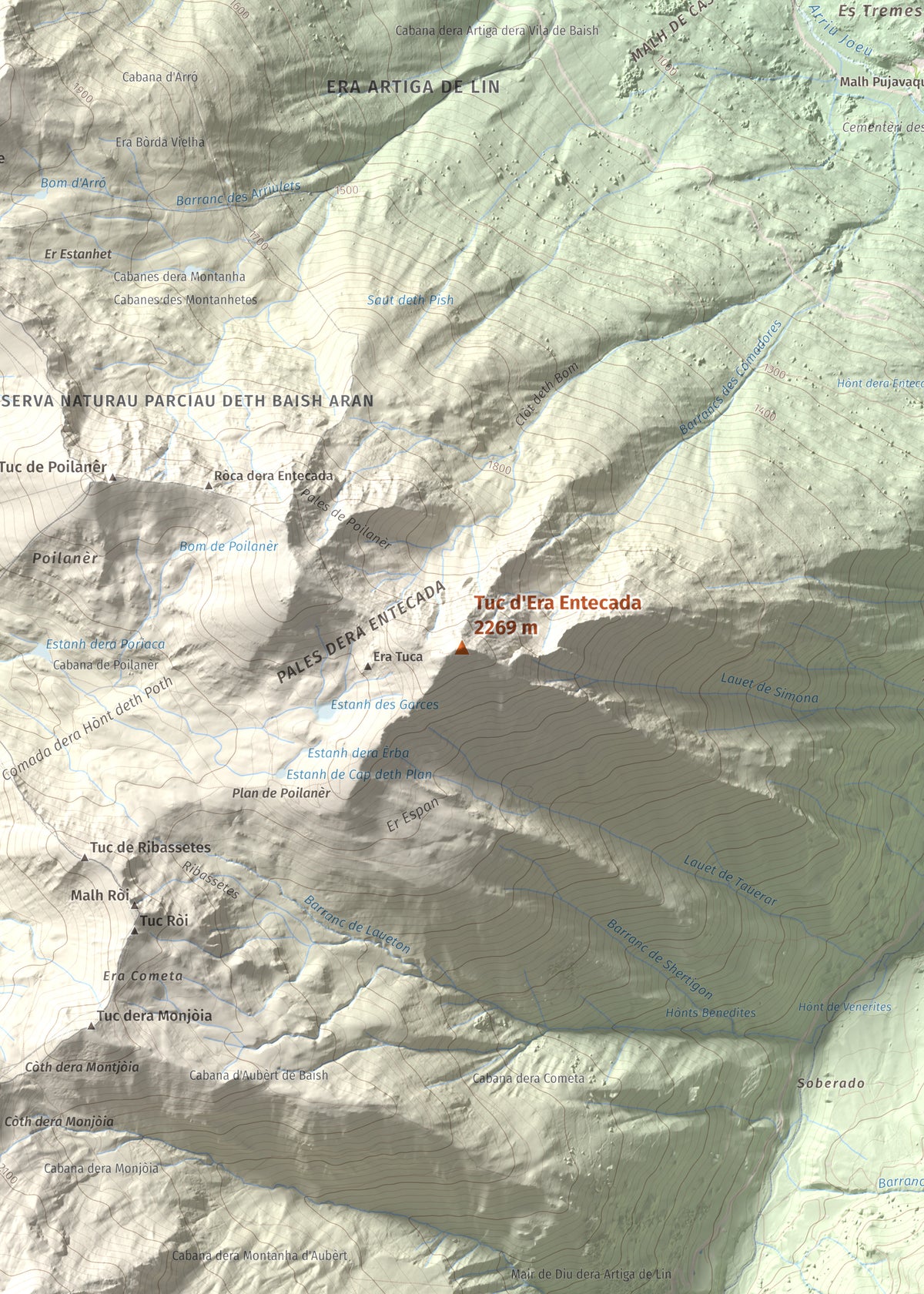 Mapa de relieve de Tuc d'Era Entecada, 2269 m, Val d'Aran, lámina 100 Cims de Trobart. Detalle de la zona central. 50 × 70 cm.
