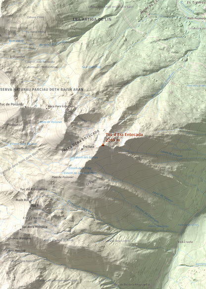 Mapa de relieve de Tuc d'Era Entecada, 2269 m, Val d'Aran, lámina 100 Cims de Trobart. Detalle de la zona central. 50 × 70 cm.