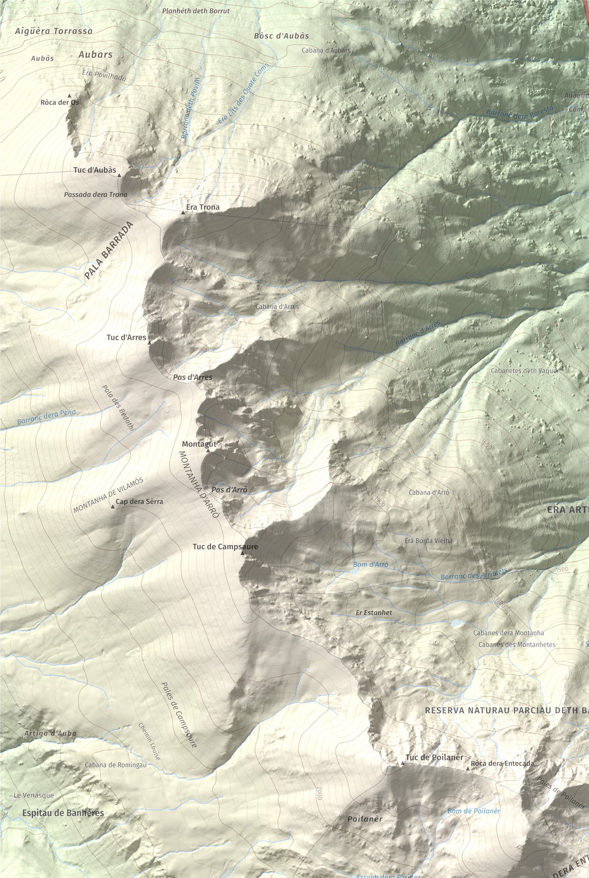 Mapa de relieve de Tuc d'Era Entecada, 2269 m, Val d'Aran, lámina 100 Cims de Trobart. Detalle de la zona superior izquierda. 61 × 91 cm.