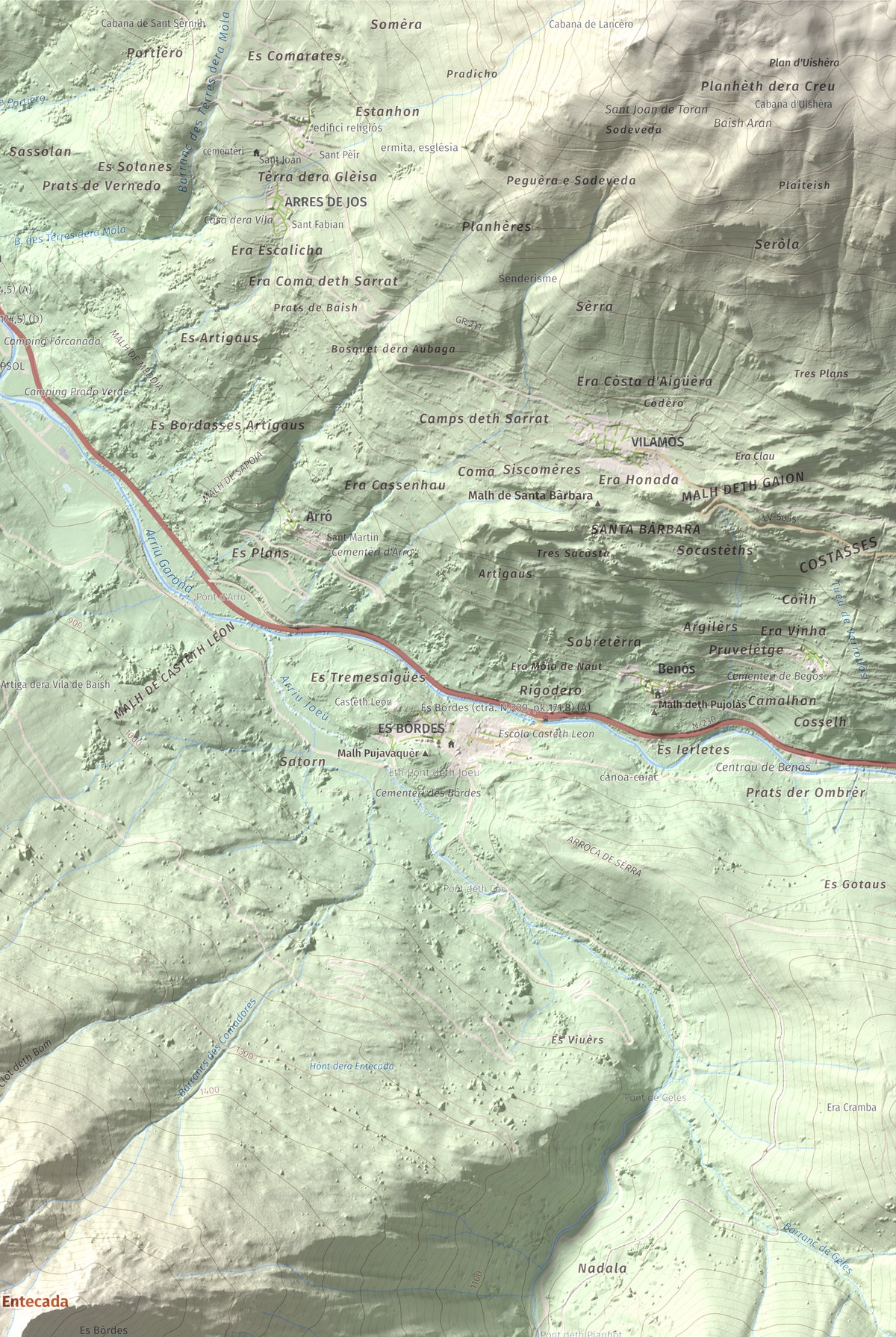 Mapa de relieve de Tuc d'Era Entecada, 2269 m, Val d'Aran, lámina 100 Cims de Trobart. Detalle de la zona superior derecha. 61 × 91 cm.