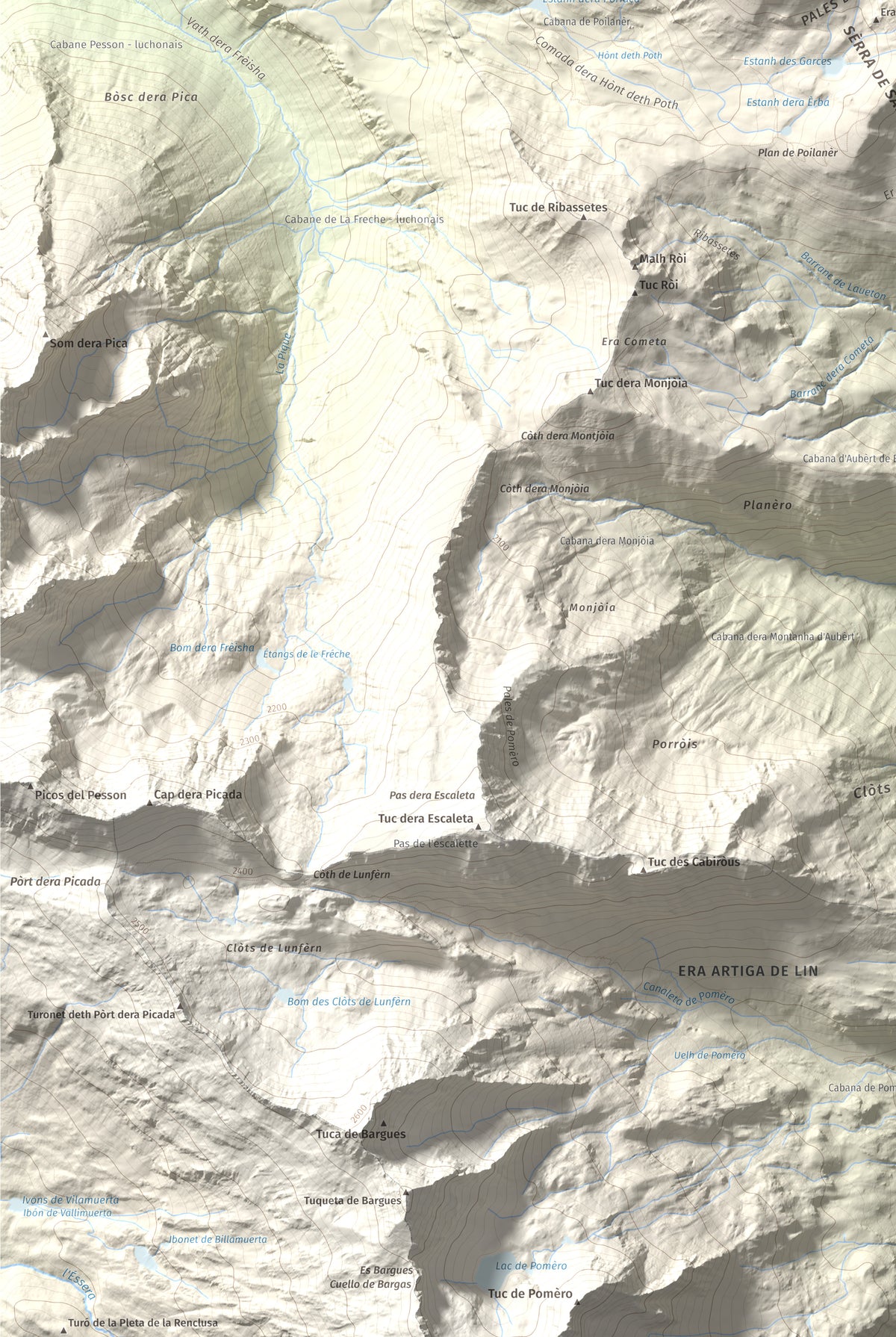 Mapa de relieve de Tuc d'Era Entecada, 2269 m, Val d'Aran, lámina 100 Cims de Trobart. Detalle de la zona inferior izquierda. 61 × 91 cm.