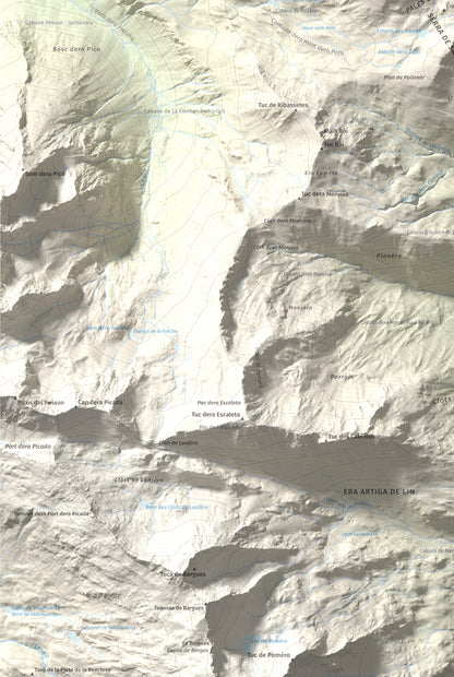 Mapa de relieve de Tuc d'Era Entecada, 2269 m, Val d'Aran, lámina 100 Cims de Trobart. Detalle de la zona inferior izquierda. 61 × 91 cm.