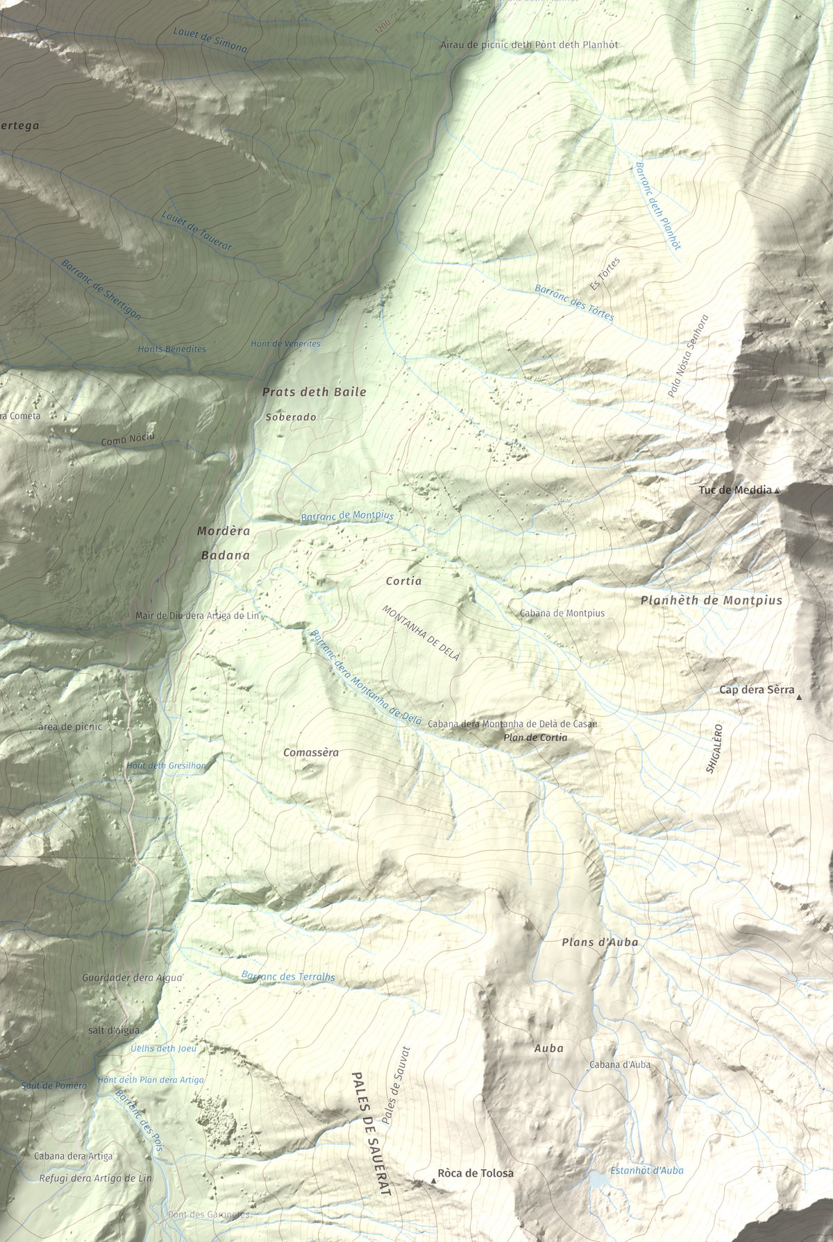 Mapa de relieve de Tuc d'Era Entecada, 2269 m, Val d'Aran, lámina 100 Cims de Trobart. Detalle de la zona inferior derecha. 61 × 91 cm.