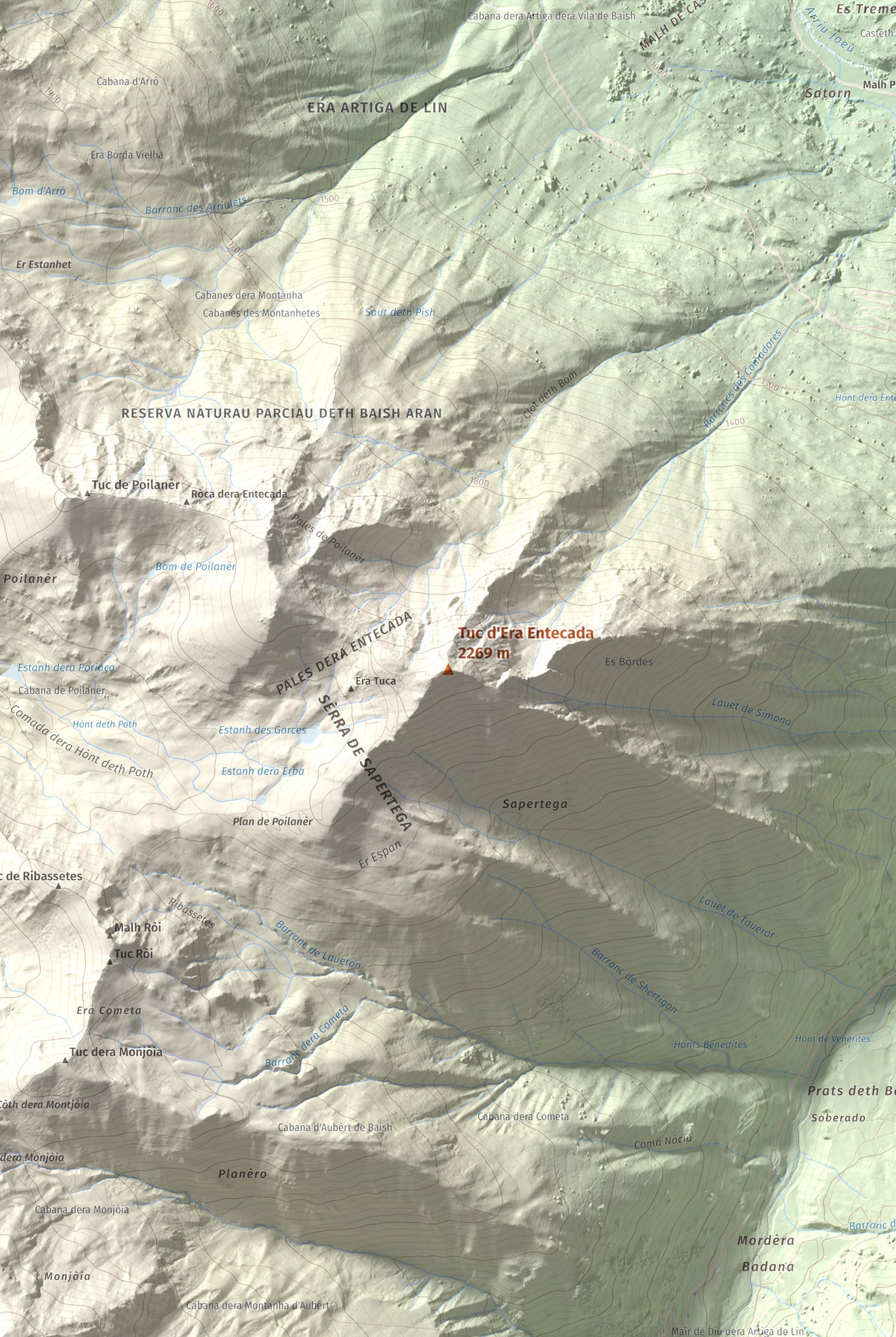 Mapa de relieve de Tuc d'Era Entecada, 2269 m, Val d'Aran, lámina 100 Cims de Trobart. Detalle de la zona central. 61 × 91 cm.