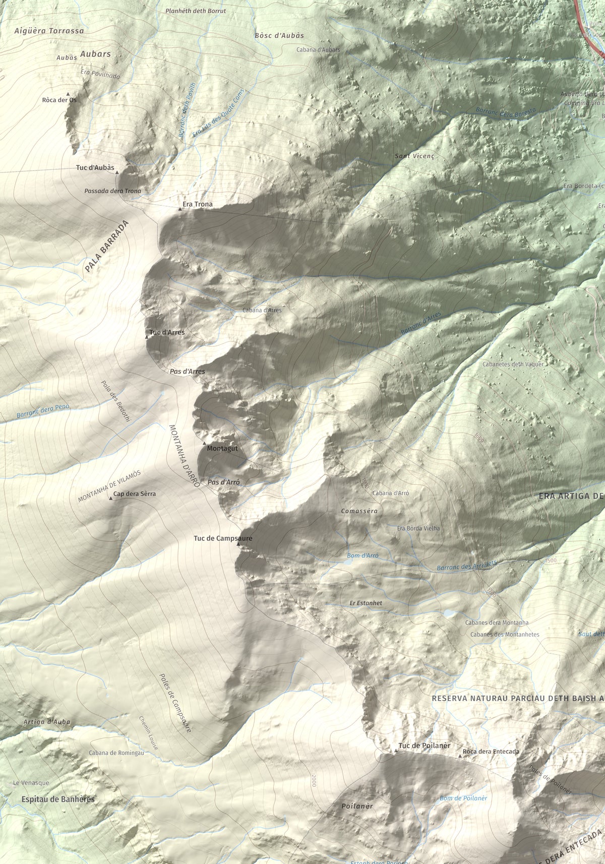 Mapa de relieve de Tuc d'Era Entecada, 2269 m, Val d'Aran, lámina 100 Cims de Trobart. Detalle de la zona superior izquierda. 70 × 100 cm.