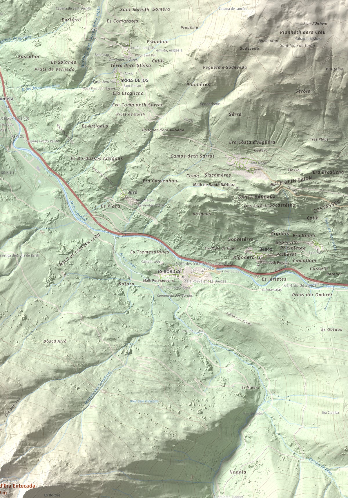 Mapa de relieve de Tuc d'Era Entecada, 2269 m, Val d'Aran, lámina 100 Cims de Trobart. Detalle de la zona superior derecha. 70 × 100 cm.