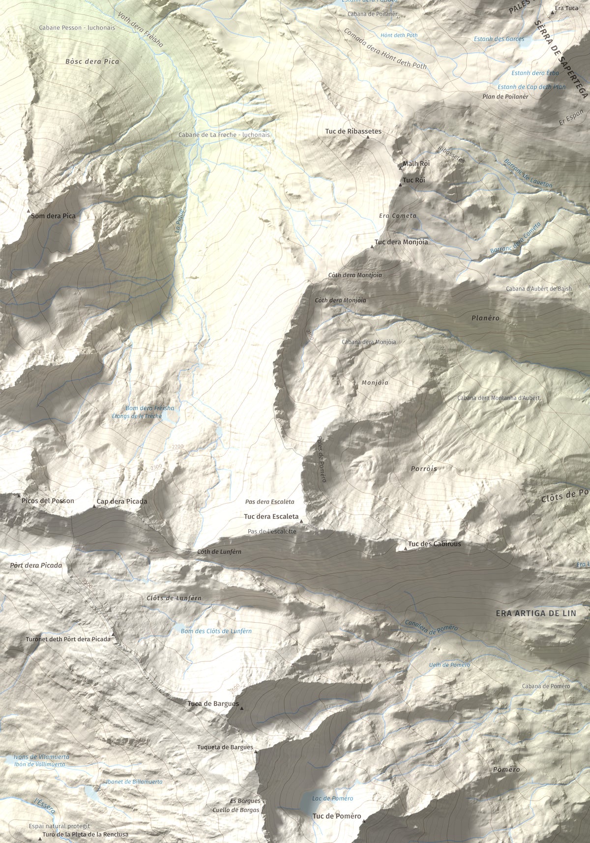 Mapa de relieve de Tuc d'Era Entecada, 2269 m, Val d'Aran, lámina 100 Cims de Trobart. Detalle de la zona inferior izquierda. 70 × 100 cm.