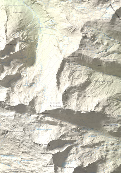 Mapa de relieve de Tuc d'Era Entecada, 2269 m, Val d'Aran, lámina 100 Cims de Trobart. Detalle de la zona inferior izquierda. 70 × 100 cm.