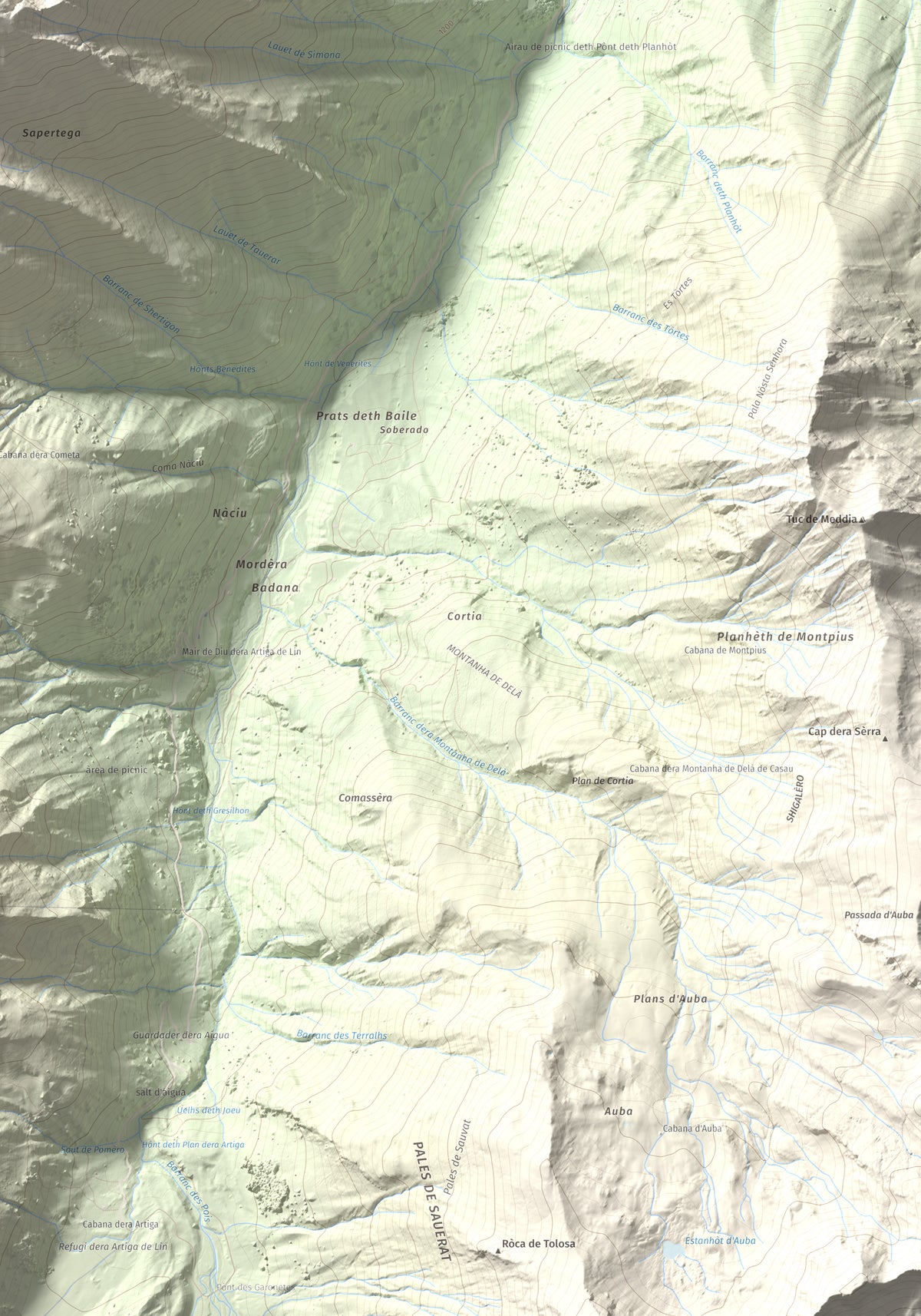 Mapa de relieve de Tuc d'Era Entecada, 2269 m, Val d'Aran, lámina 100 Cims de Trobart. Detalle de la zona inferior derecha. 70 × 100 cm.