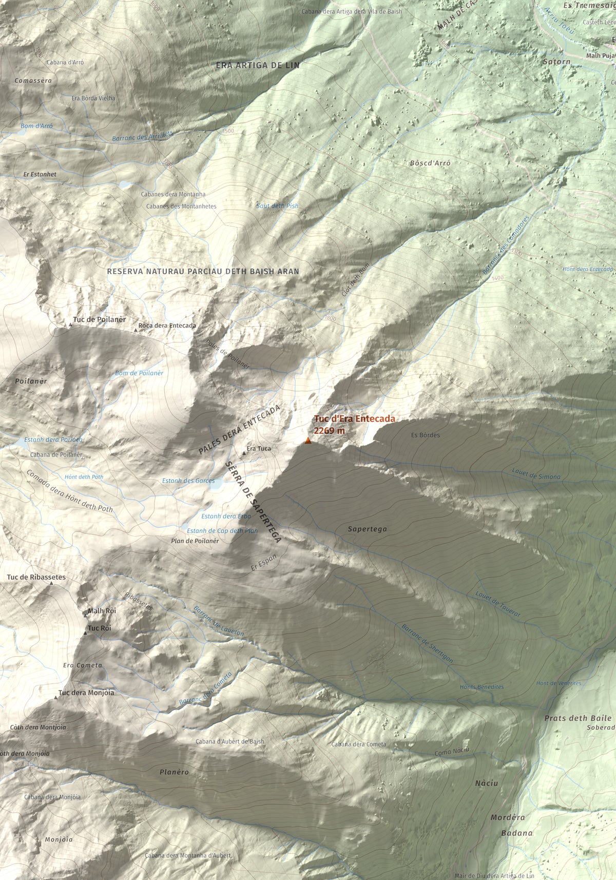 Mapa de relieve de Tuc d'Era Entecada, 2269 m, Val d'Aran, lámina 100 Cims de Trobart. Detalle de la zona central. 70 × 100 cm.