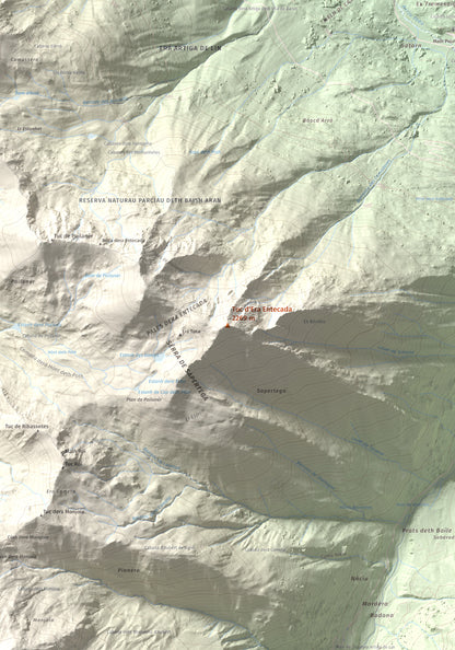 Mapa de relieve de Tuc d'Era Entecada, 2269 m, Val d'Aran, lámina 100 Cims de Trobart. Detalle de la zona central. 70 × 100 cm.