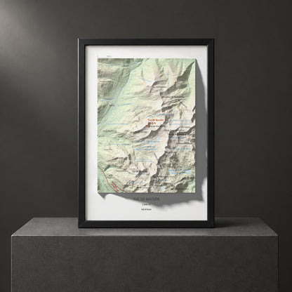 Mapa de relieve de Tuc de Bacivèr, 2645 m, Val d'Aran, lámina 100 Cims de Trobart. Presentación enmarcada. 21 × 30 cm.