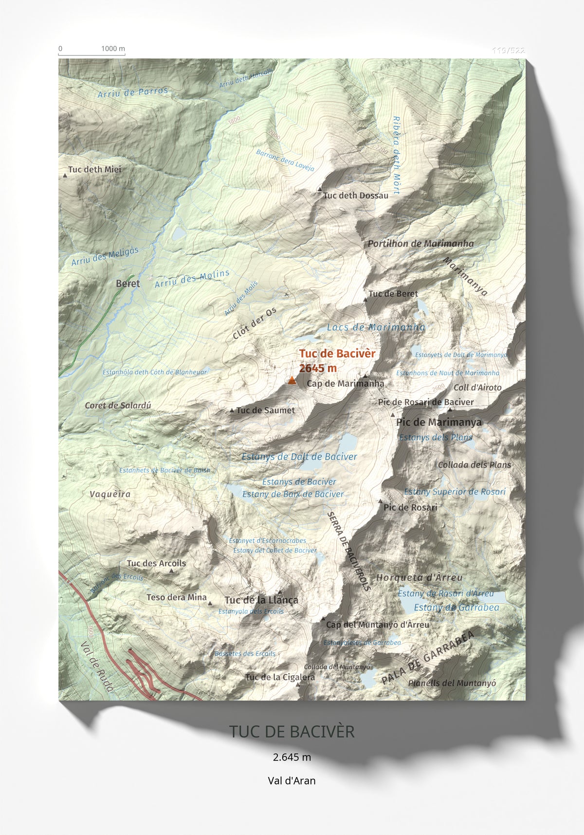 Mapa de relieve de Tuc de Bacivèr, 2645 m, Val d'Aran, lámina 100 Cims de Trobart 21 × 30 cm.