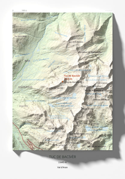 Mapa de relieve de Tuc de Bacivèr, 2645 m, Val d'Aran, lámina 100 Cims de Trobart 21 × 30 cm.