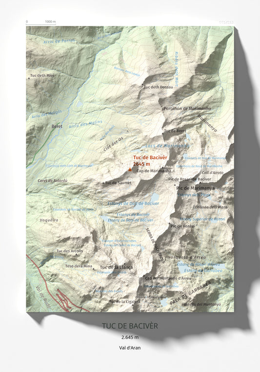 Mapa de relieve de Tuc de Bacivèr, 2645 m, Val d'Aran, lámina 100 Cims de Trobart 21 × 30 cm.