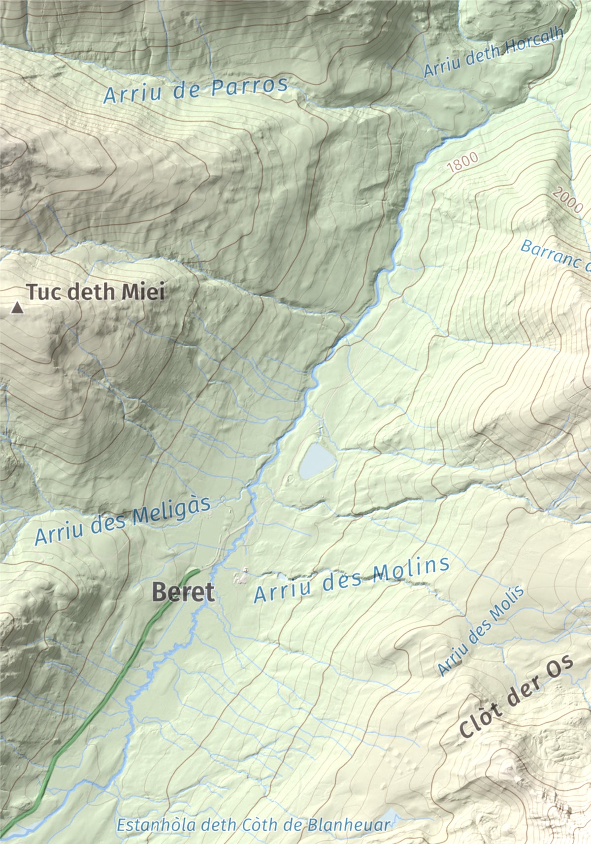 Mapa de relieve de Tuc de Bacivèr, 2645 m, Val d'Aran, lámina 100 Cims de Trobart. Detalle de la zona superior izquierda. 21 × 30 cm.