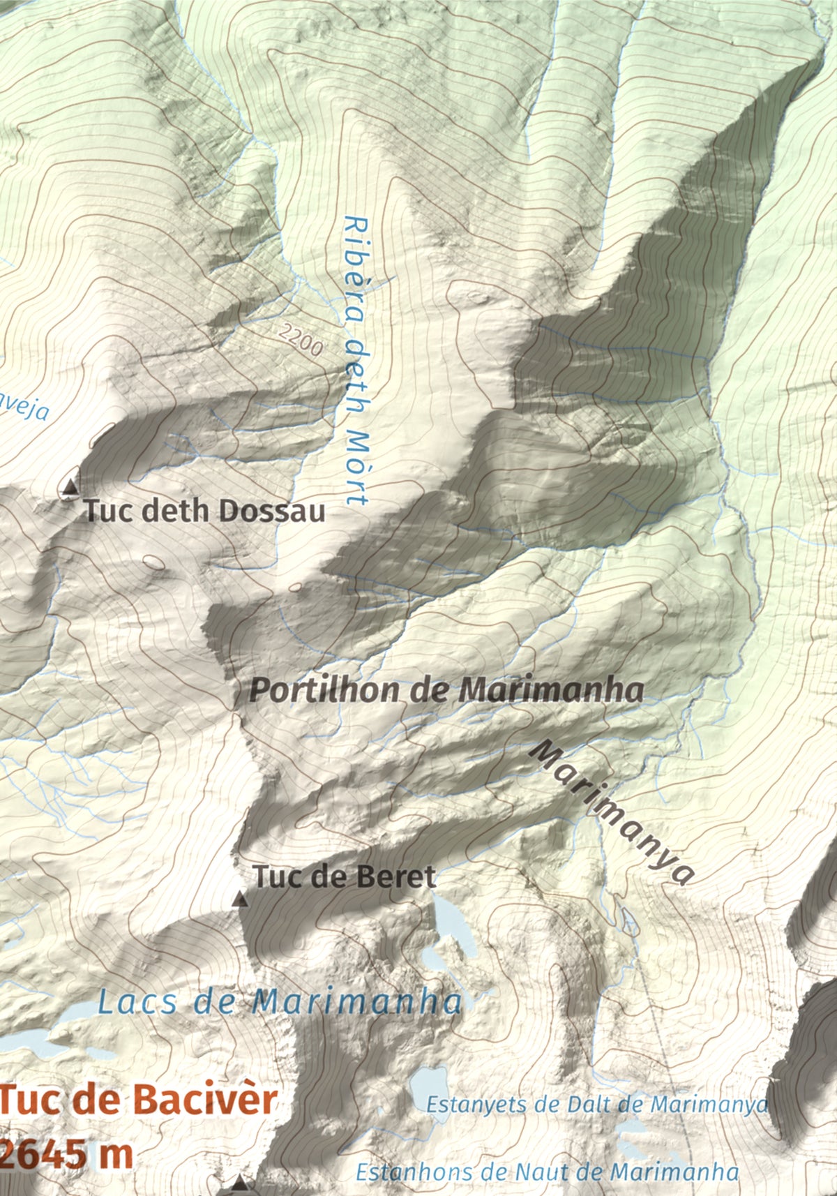 Mapa de relieve de Tuc de Bacivèr, 2645 m, Val d'Aran, lámina 100 Cims de Trobart. Detalle de la zona superior derecha. 21 × 30 cm.
