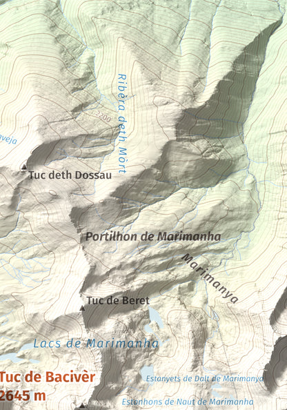 Mapa de relieve de Tuc de Bacivèr, 2645 m, Val d'Aran, lámina 100 Cims de Trobart. Detalle de la zona superior derecha. 21 × 30 cm.