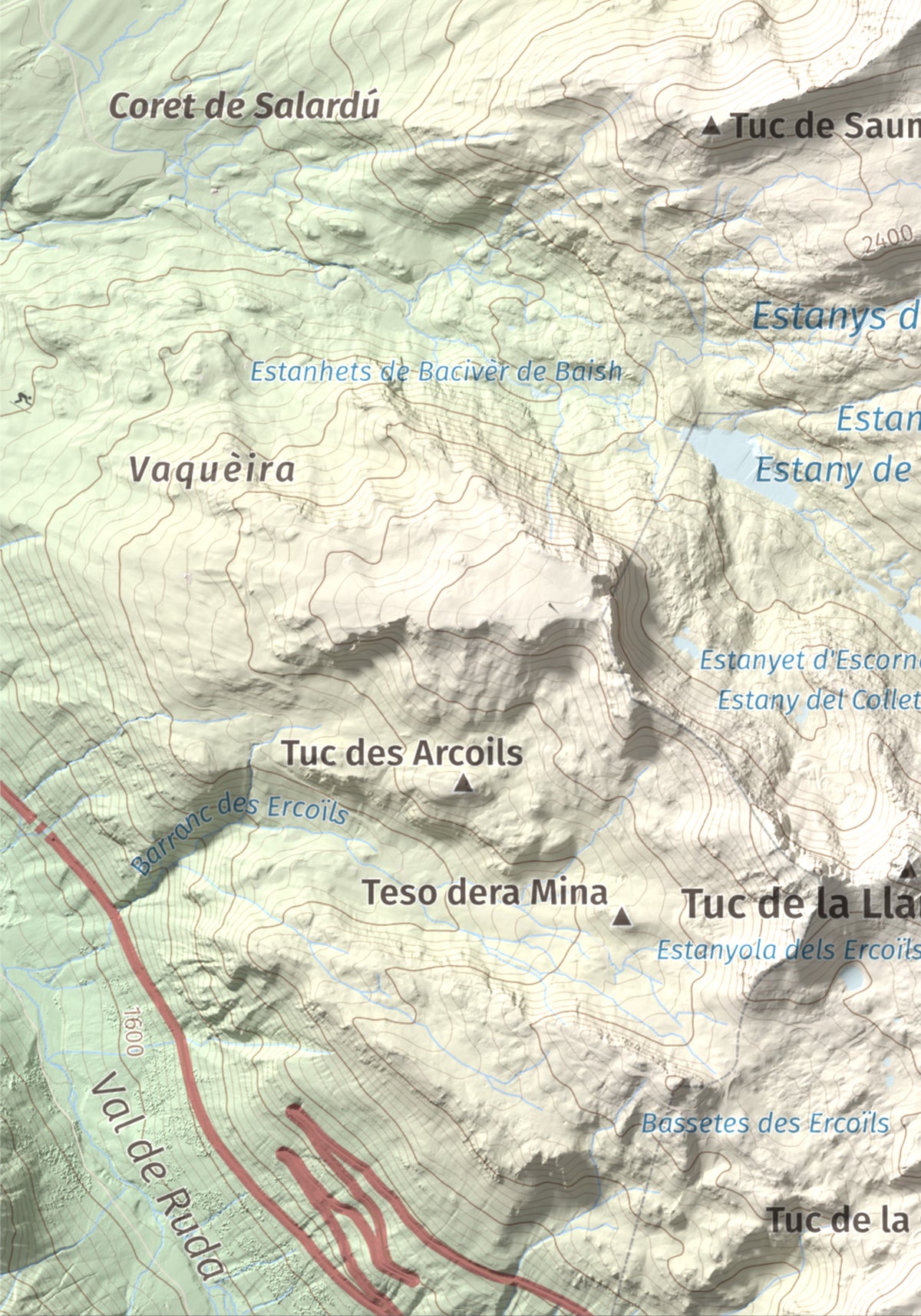 Mapa de relieve de Tuc de Bacivèr, 2645 m, Val d'Aran, lámina 100 Cims de Trobart. Detalle de la zona inferior izquierda. 21 × 30 cm.