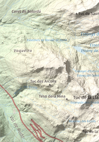 Mapa de relieve de Tuc de Bacivèr, 2645 m, Val d'Aran, lámina 100 Cims de Trobart. Detalle de la zona inferior izquierda. 21 × 30 cm.