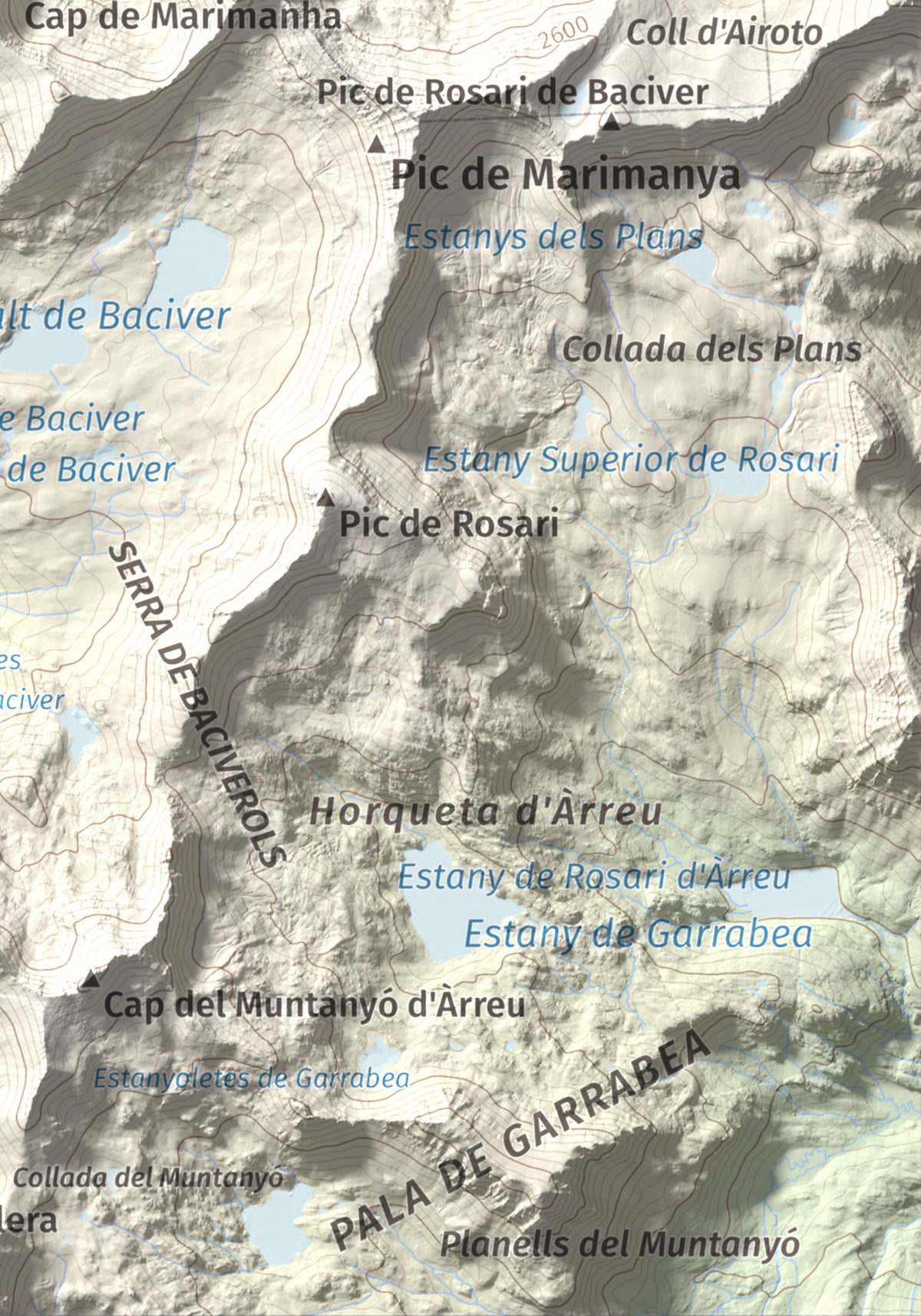 Mapa de relieve de Tuc de Bacivèr, 2645 m, Val d'Aran, lámina 100 Cims de Trobart. Detalle de la zona inferior derecha. 21 × 30 cm.