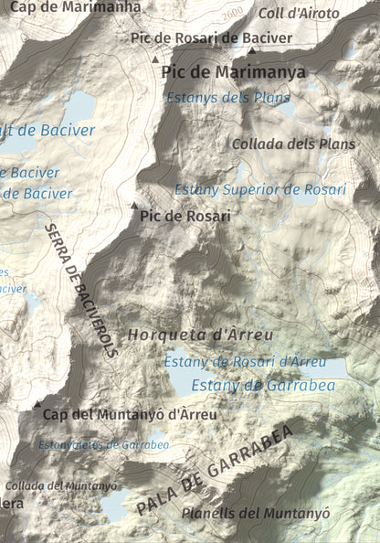 Mapa de relieve de Tuc de Bacivèr, 2645 m, Val d'Aran, lámina 100 Cims de Trobart. Detalle de la zona inferior derecha. 21 × 30 cm.