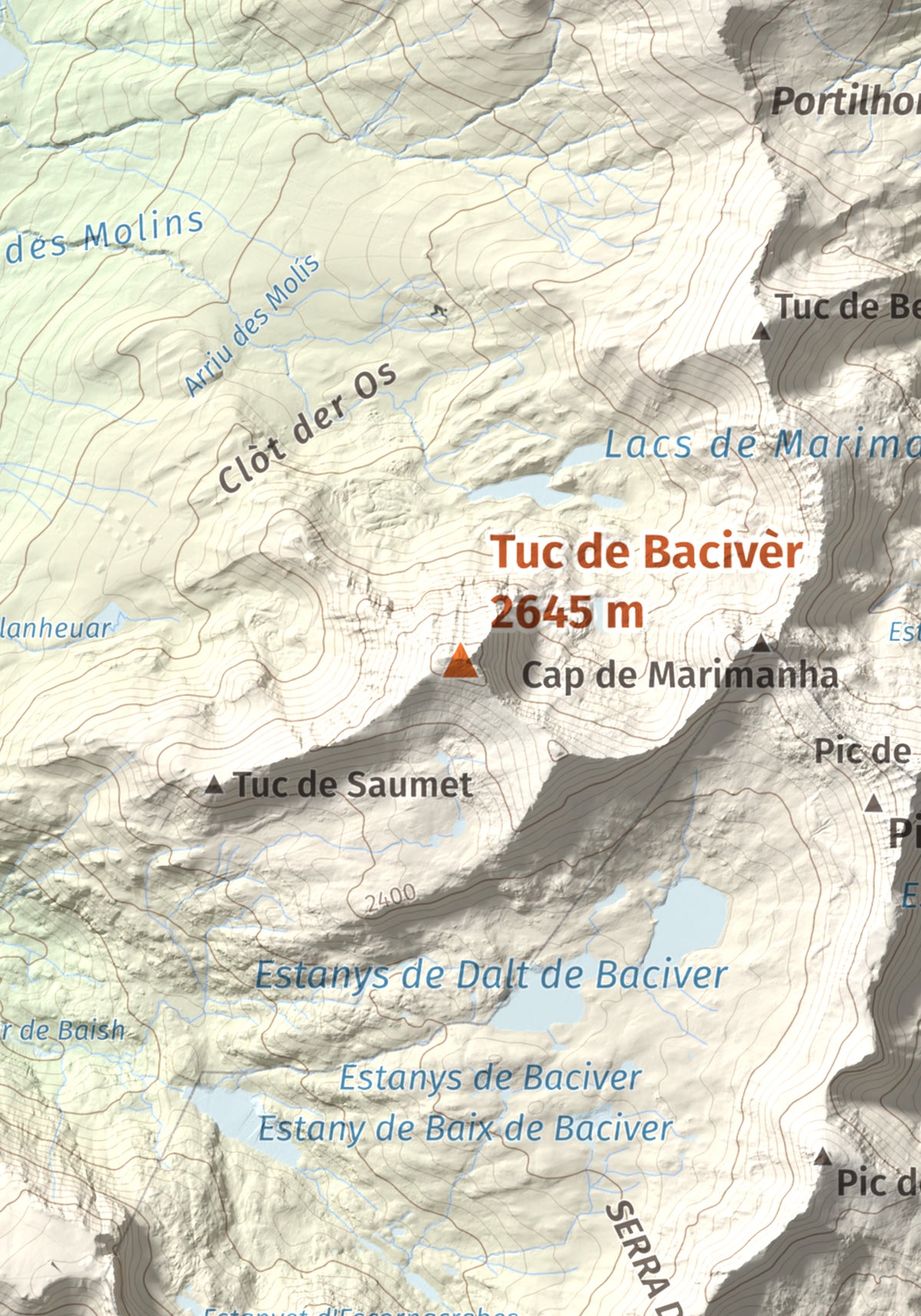 Mapa de relieve de Tuc de Bacivèr, 2645 m, Val d'Aran, lámina 100 Cims de Trobart. Detalle de la zona central. 21 × 30 cm.