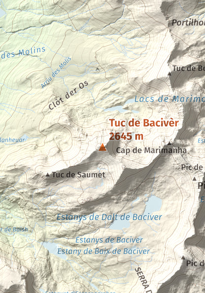 Mapa de relieve de Tuc de Bacivèr, 2645 m, Val d'Aran, lámina 100 Cims de Trobart. Detalle de la zona central. 21 × 30 cm.