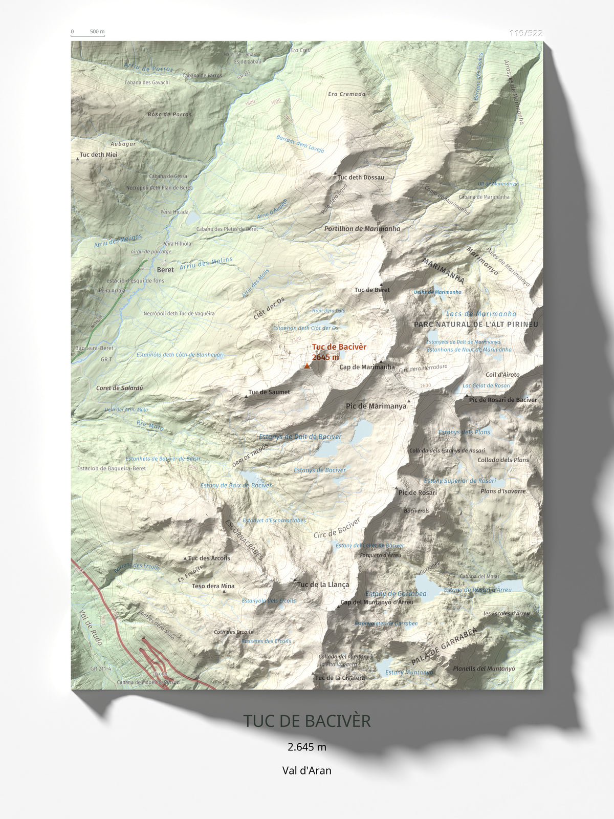 Mapa de relieve de Tuc de Bacivèr, 2645 m, Val d'Aran, lámina 100 Cims de Trobart 30 × 40 cm.