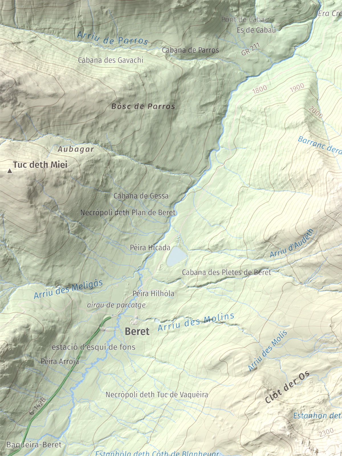 Mapa de relieve de Tuc de Bacivèr, 2645 m, Val d'Aran, lámina 100 Cims de Trobart. Detalle de la zona superior izquierda. 30 × 40 cm.