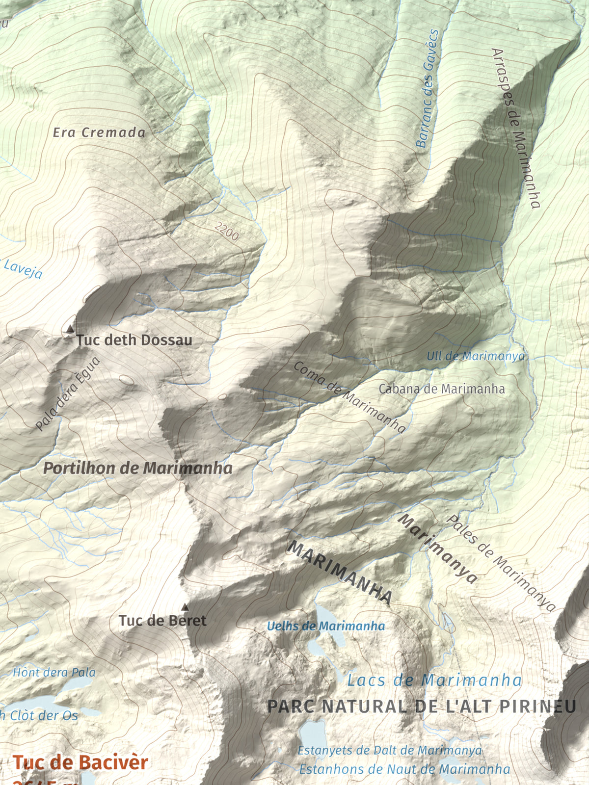 Mapa de relieve de Tuc de Bacivèr, 2645 m, Val d'Aran, lámina 100 Cims de Trobart. Detalle de la zona superior derecha. 30 × 40 cm.