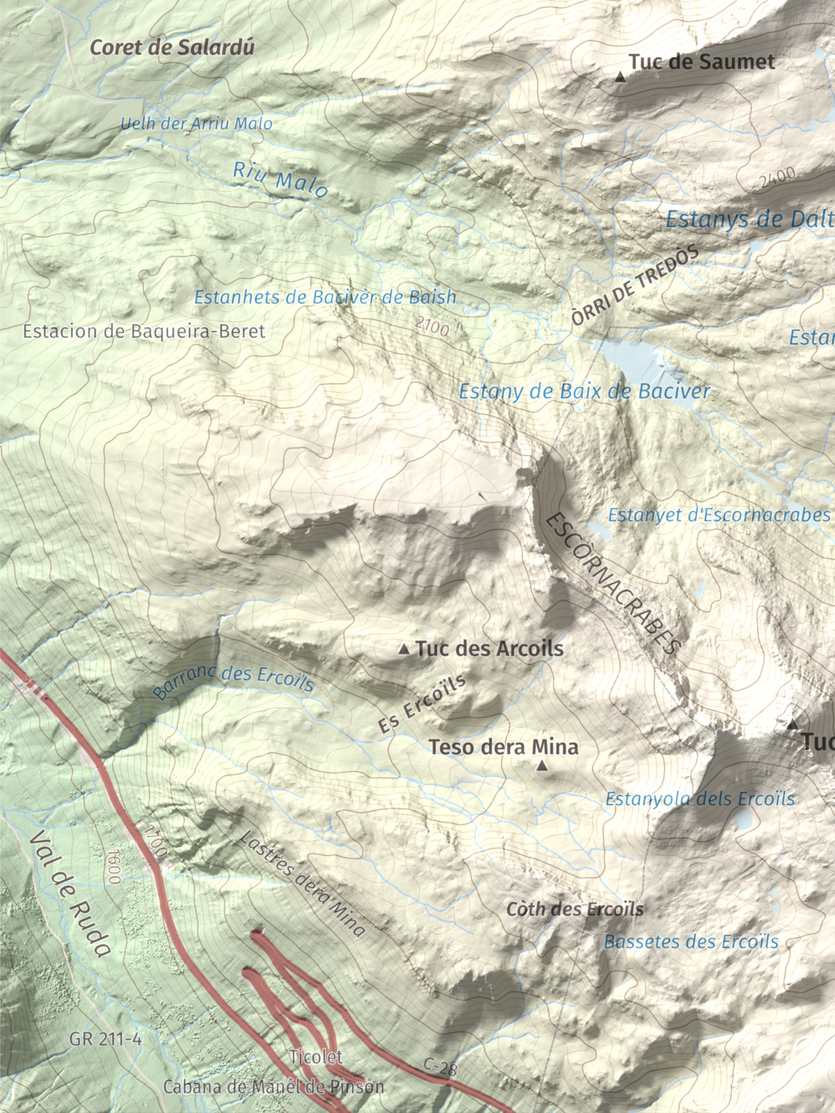 Mapa de relieve de Tuc de Bacivèr, 2645 m, Val d'Aran, lámina 100 Cims de Trobart. Detalle de la zona inferior izquierda. 30 × 40 cm.