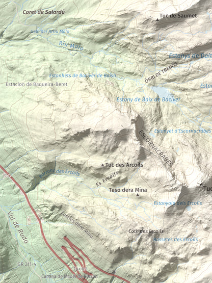 Mapa de relieve de Tuc de Bacivèr, 2645 m, Val d'Aran, lámina 100 Cims de Trobart. Detalle de la zona inferior izquierda. 30 × 40 cm.