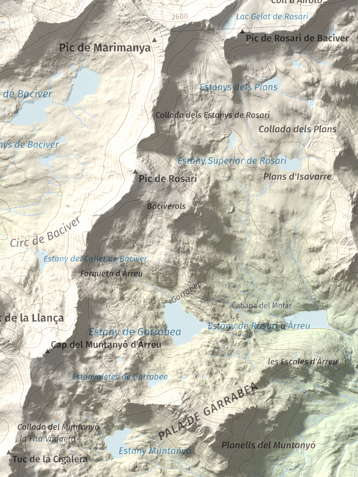 Mapa de relieve de Tuc de Bacivèr, 2645 m, Val d'Aran, lámina 100 Cims de Trobart. Detalle de la zona inferior derecha. 30 × 40 cm.