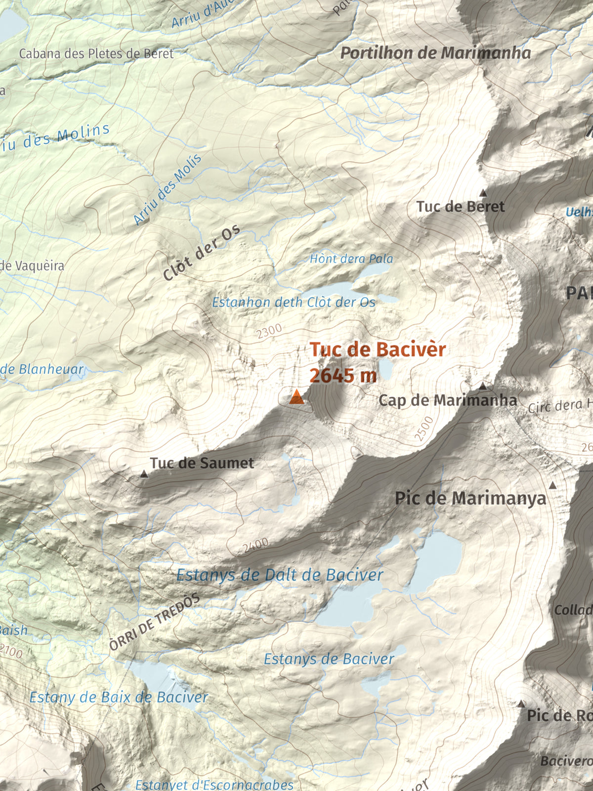 Mapa de relieve de Tuc de Bacivèr, 2645 m, Val d'Aran, lámina 100 Cims de Trobart. Detalle de la zona central. 30 × 40 cm.