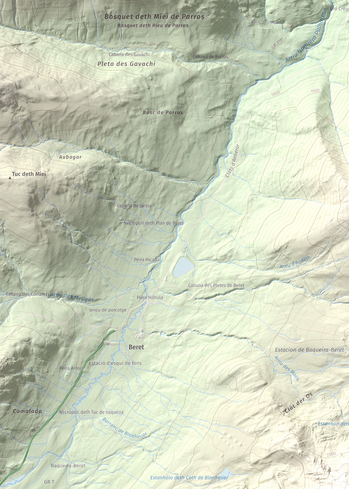 Mapa de relieve de Tuc de Bacivèr, 2645 m, Val d'Aran, lámina 100 Cims de Trobart. Detalle de la zona superior izquierda. 50 × 70 cm.
