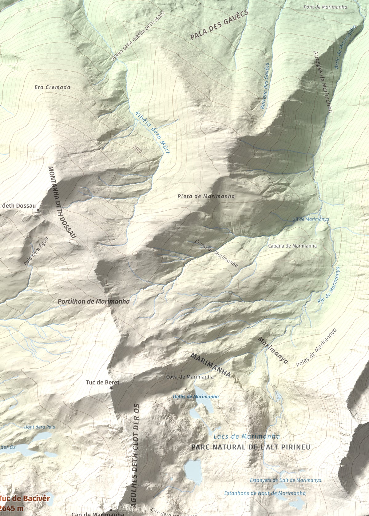 Mapa de relieve de Tuc de Bacivèr, 2645 m, Val d'Aran, lámina 100 Cims de Trobart. Detalle de la zona superior derecha. 50 × 70 cm.