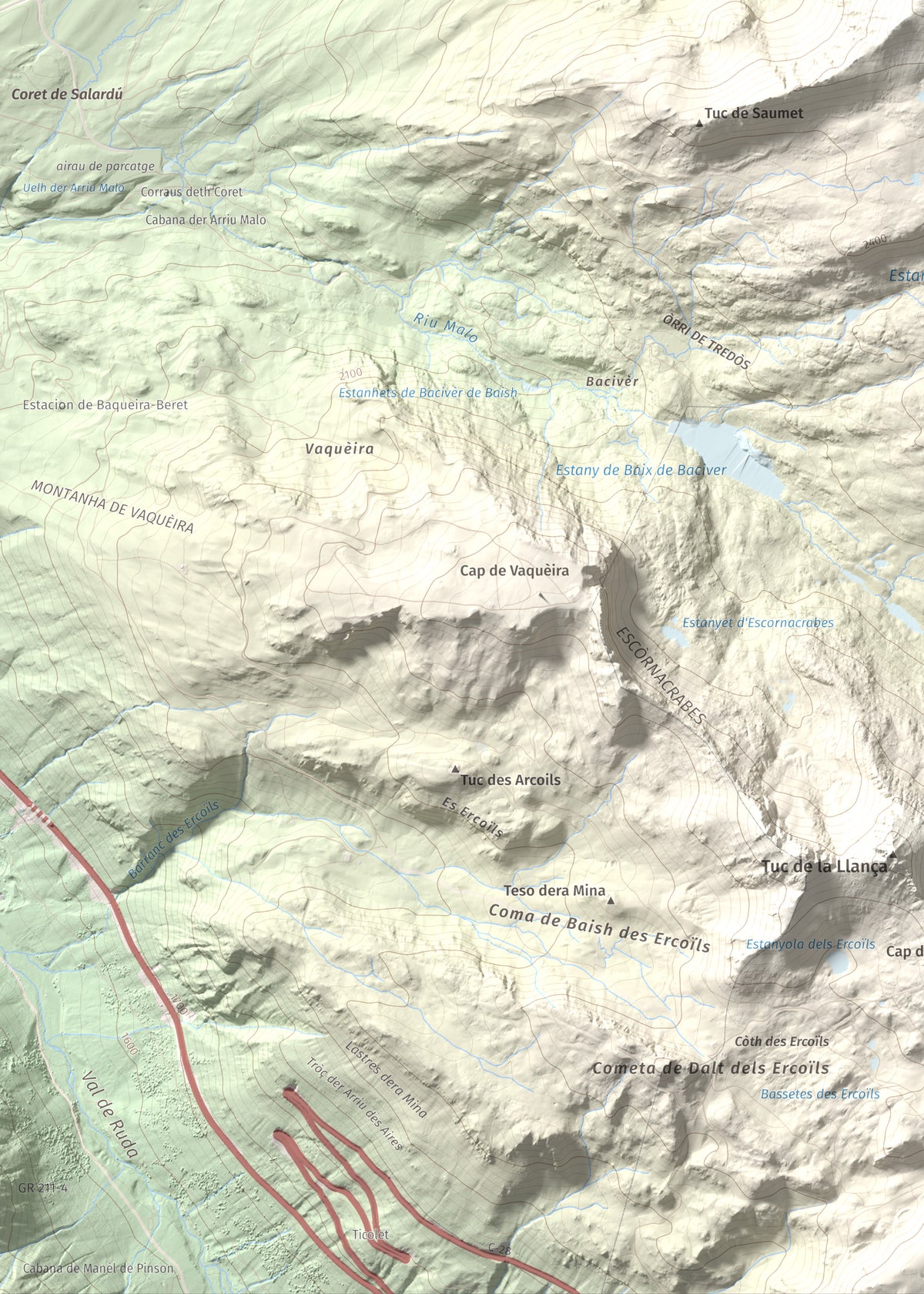 Mapa de relieve de Tuc de Bacivèr, 2645 m, Val d'Aran, lámina 100 Cims de Trobart. Detalle de la zona inferior izquierda. 50 × 70 cm.