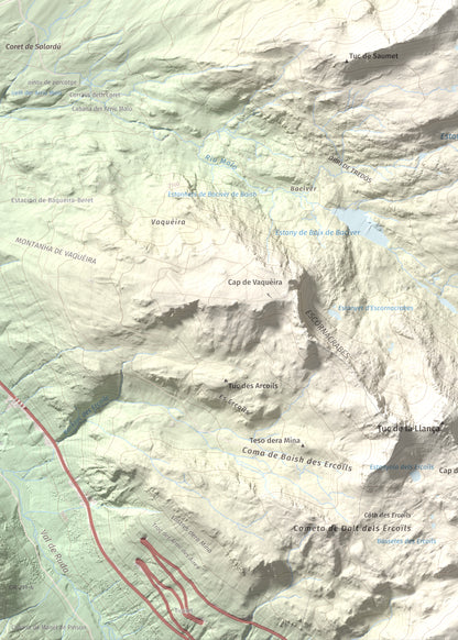 Mapa de relieve de Tuc de Bacivèr, 2645 m, Val d'Aran, lámina 100 Cims de Trobart. Detalle de la zona inferior izquierda. 50 × 70 cm.