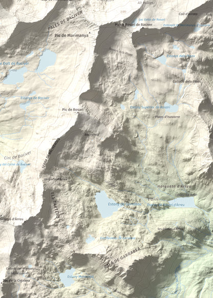 Mapa de relieve de Tuc de Bacivèr, 2645 m, Val d'Aran, lámina 100 Cims de Trobart. Detalle de la zona inferior derecha. 50 × 70 cm.