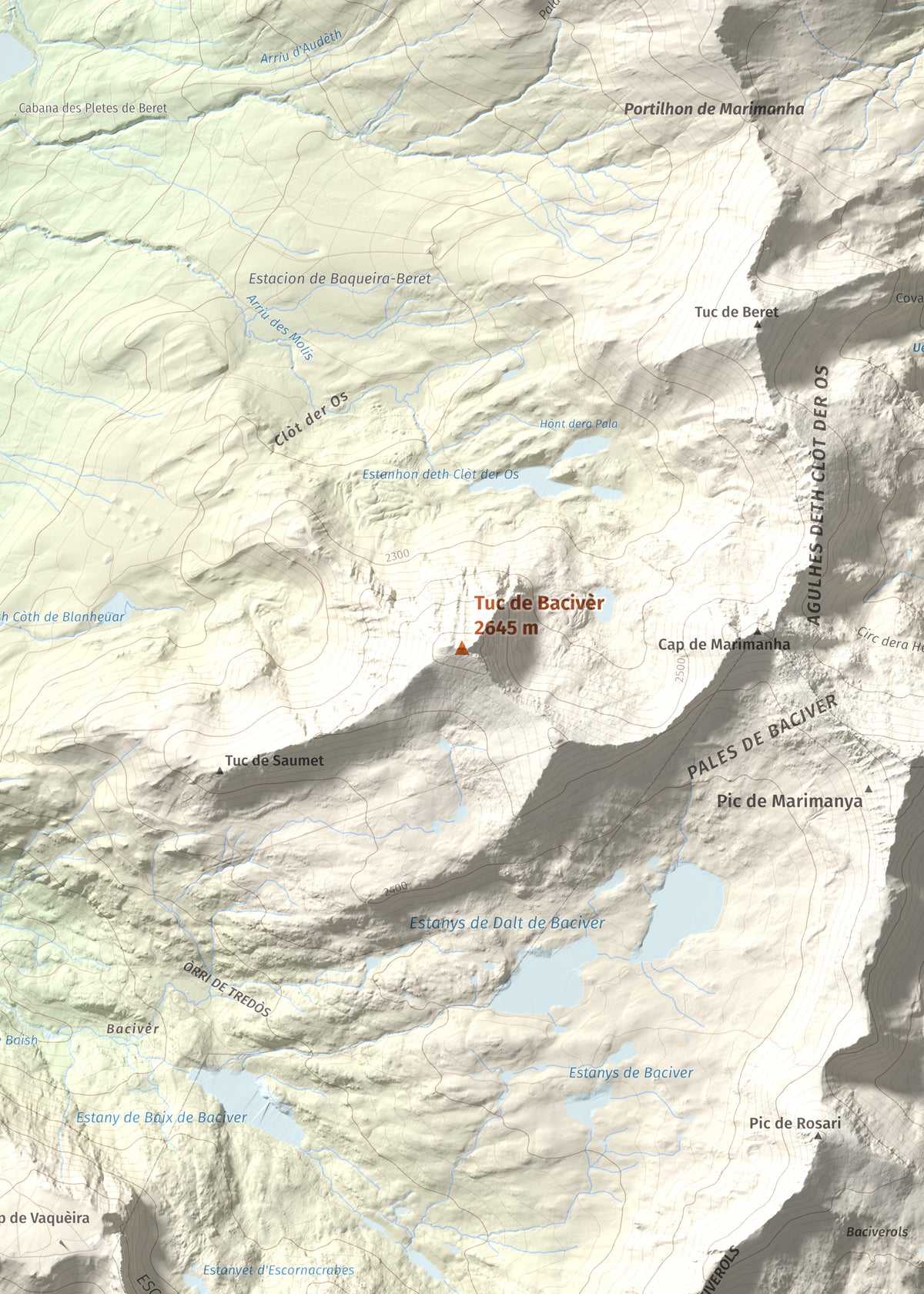 Mapa de relieve de Tuc de Bacivèr, 2645 m, Val d'Aran, lámina 100 Cims de Trobart. Detalle de la zona central. 50 × 70 cm.
