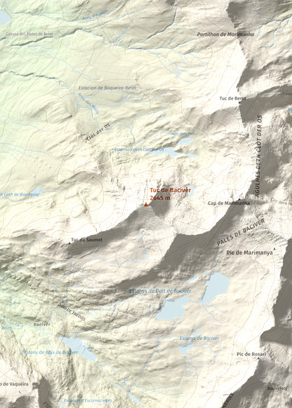Mapa de relieve de Tuc de Bacivèr, 2645 m, Val d'Aran, lámina 100 Cims de Trobart. Detalle de la zona central. 50 × 70 cm.