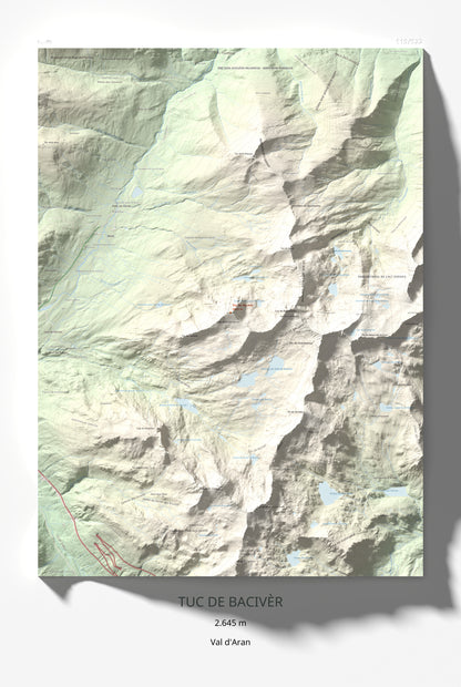 Mapa de relieve de Tuc de Bacivèr, 2645 m, Val d'Aran, lámina 100 Cims de Trobart 61 × 91 cm.