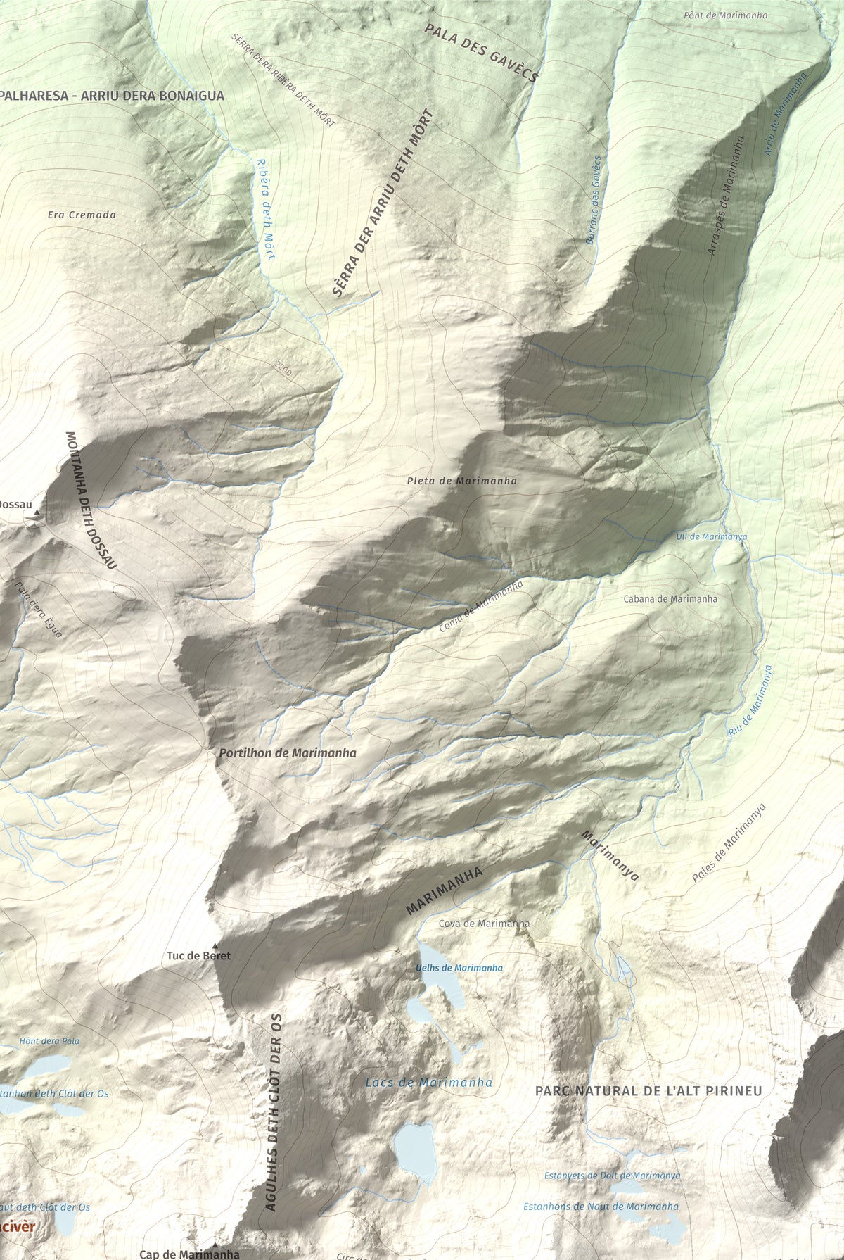 Mapa de relieve de Tuc de Bacivèr, 2645 m, Val d'Aran, lámina 100 Cims de Trobart. Detalle de la zona superior derecha. 61 × 91 cm.
