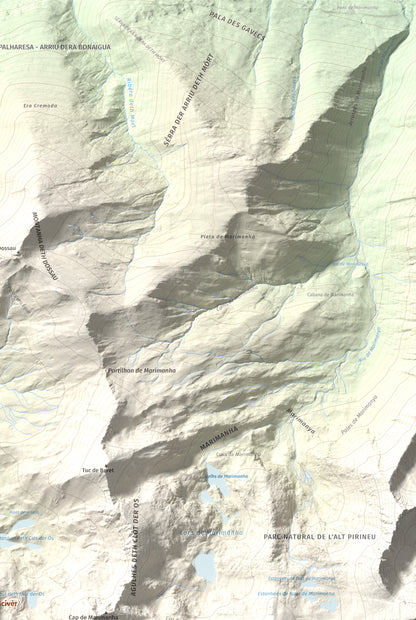 Mapa de relieve de Tuc de Bacivèr, 2645 m, Val d'Aran, lámina 100 Cims de Trobart. Detalle de la zona superior derecha. 61 × 91 cm.